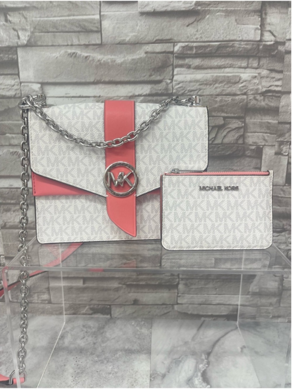 Michael Kors Greenwich Flap Crossbody & Matching Wallet Bright White Tea Rose
